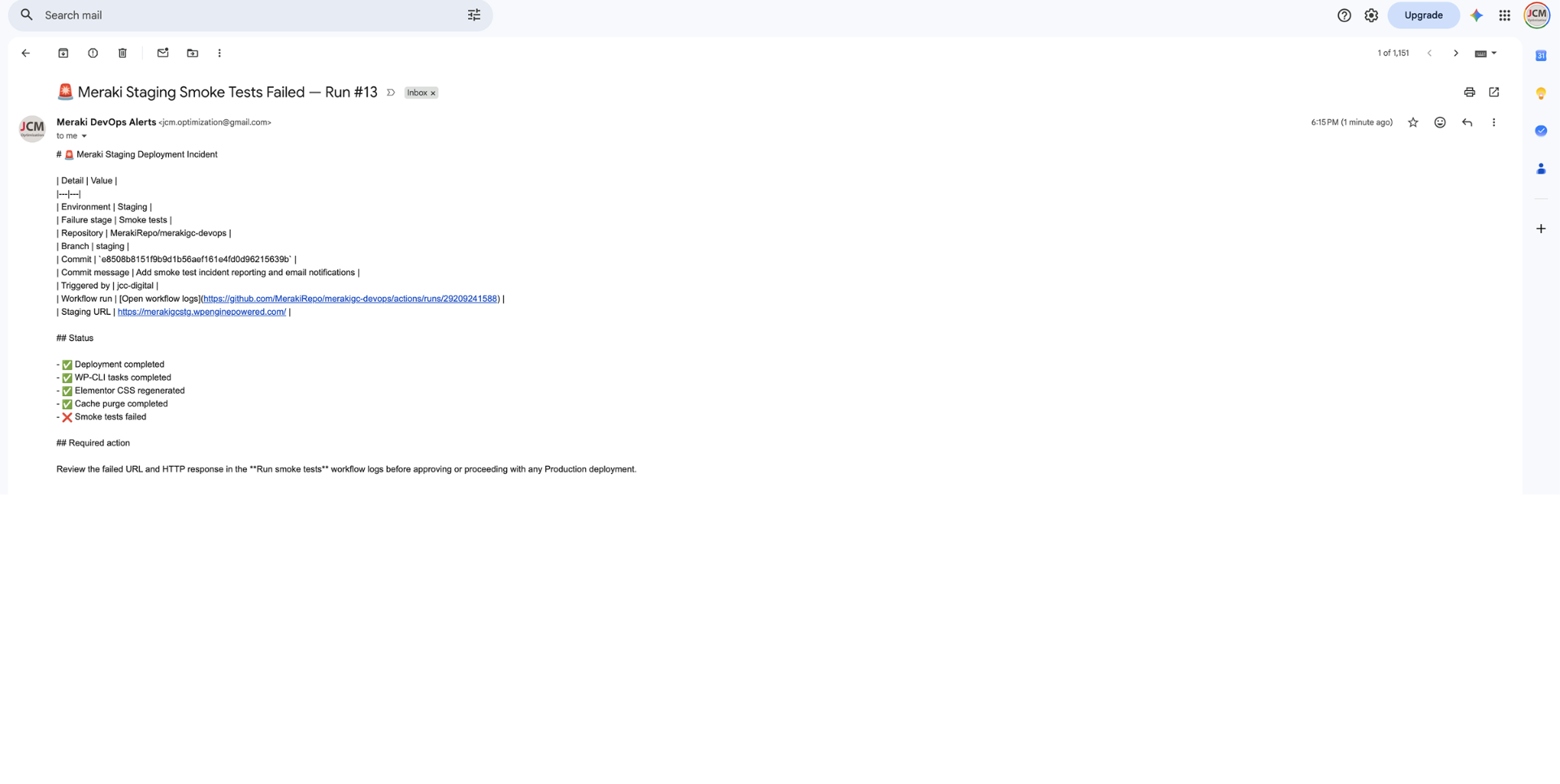 AI-generated incident email — Meraki Staging Smoke Tests Failed