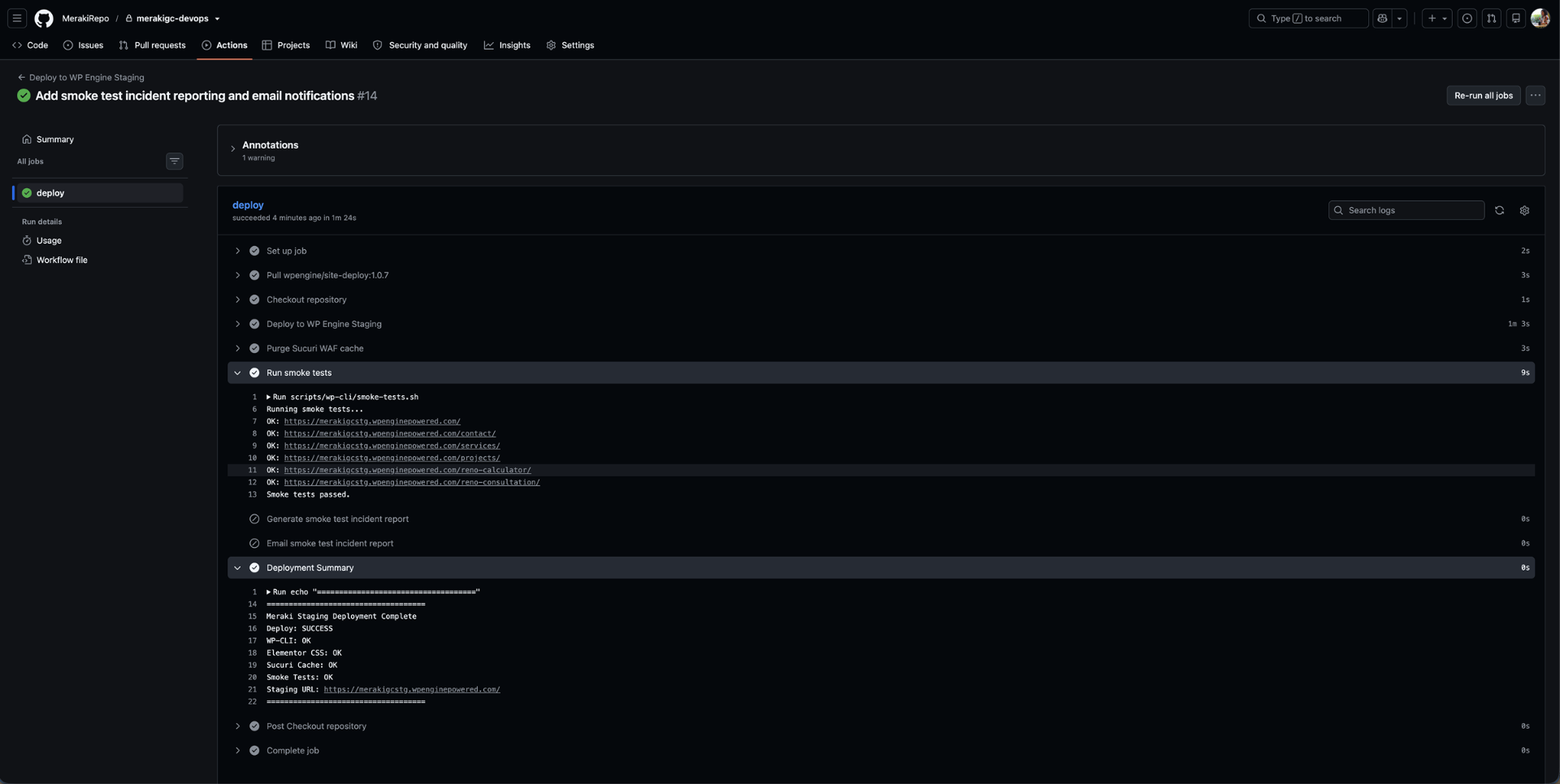 GitHub Actions run showing successful smoke tests and deployment summary